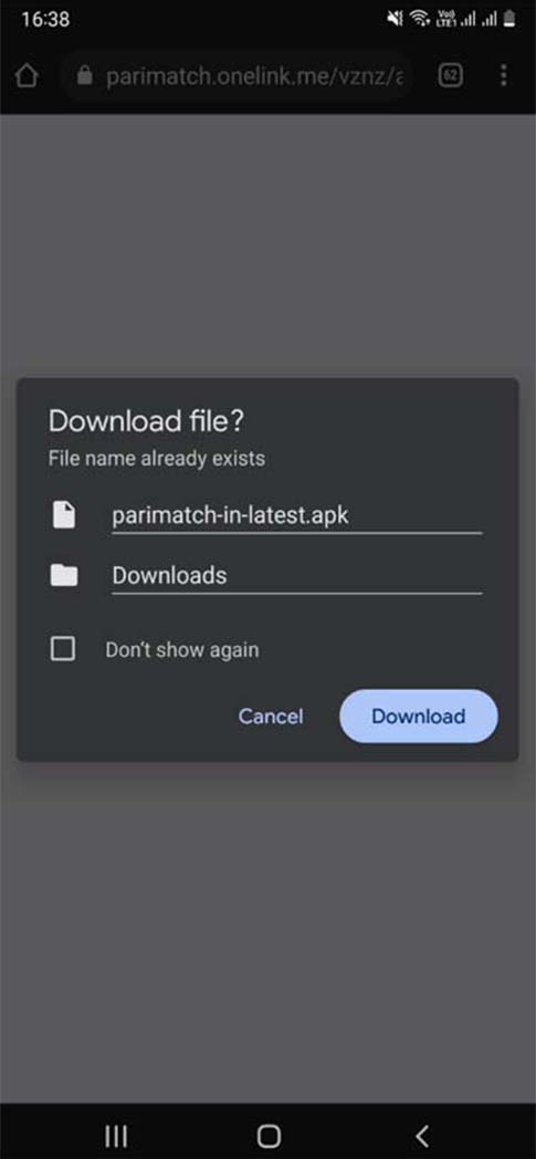 Parimatch's downloading menu for the android devices.